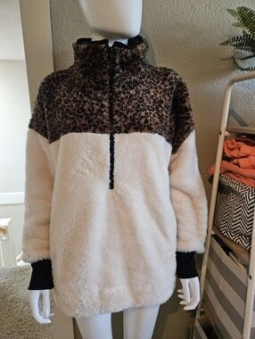 LuLaRoe Nancy Sherpa Style with Leopard Print, Cream And Black Details Size S